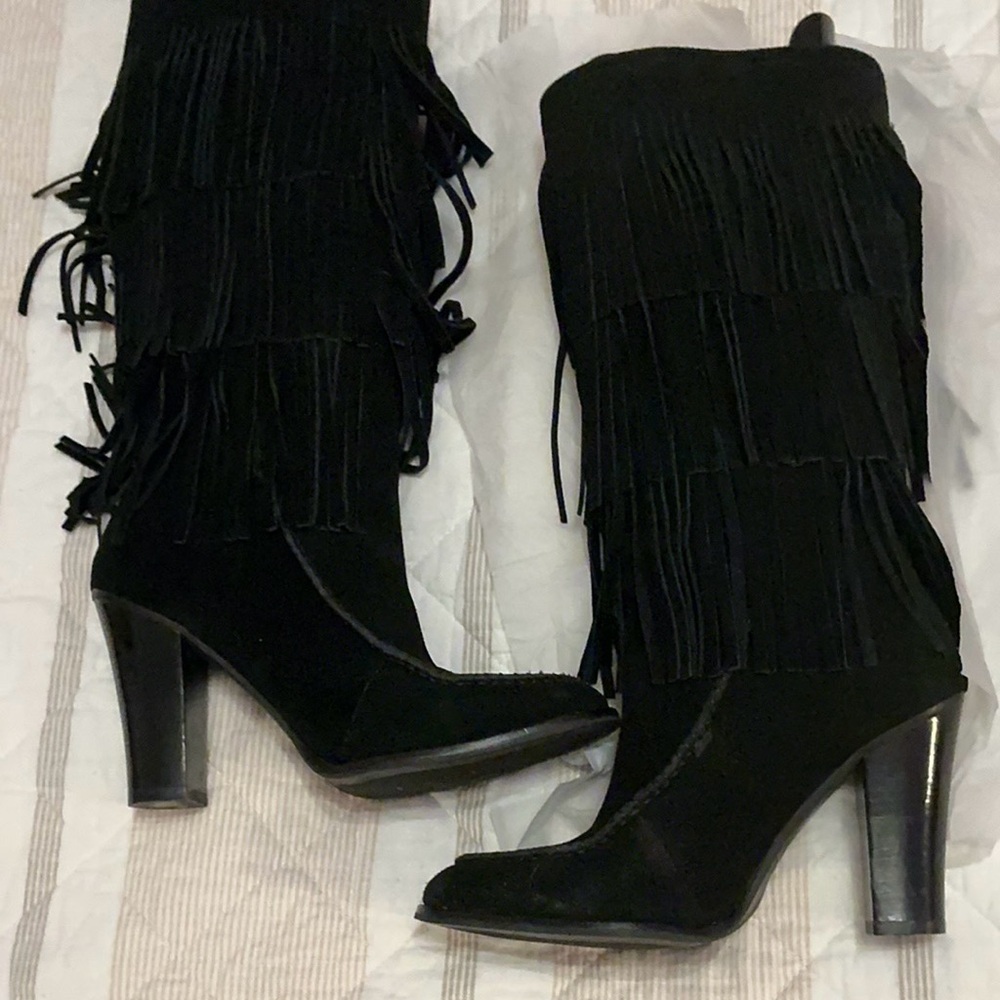 Lauren Ralph Lauren black suede fringe knee heeled boots 7 - Picture 4 of 7